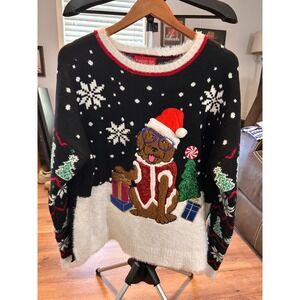 Blizzard Bay Women‎ XL Ugly Christmas Sweater Dog Santa Hat Gifts Tree Snowflake